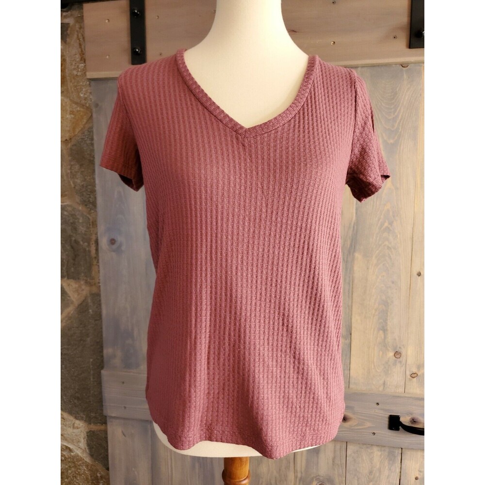 Express Waffle Knit V-Neck Easy Tee Size M Burgundy Red